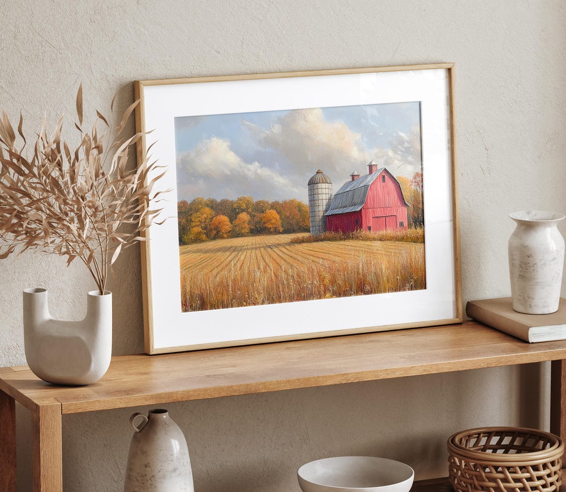 Classic Red Barn Silo Golden Wheat Field Autumn Fall Trees Print - Image 4