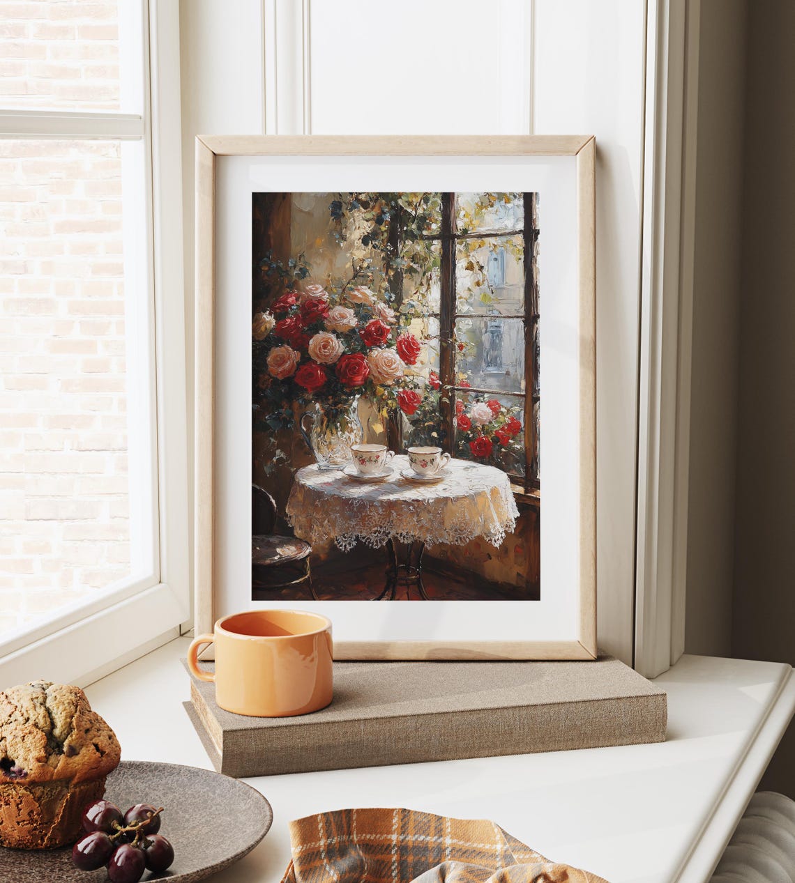 Cozy Corner Table Roses And Teacups Sunlit Window Vintage Wall Art - Image 4