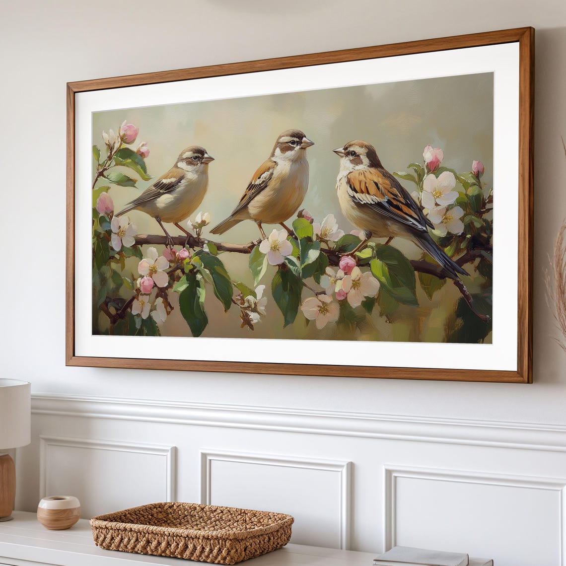 Three Sparrows On White Apple Blossom Branch Spring Morning Poster - Image 2