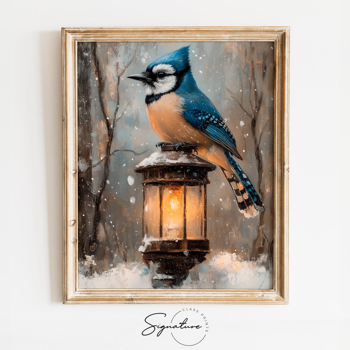 Blue Jay Snowy Lantern Night Winter Bird Wildlife Oil Painting Poster