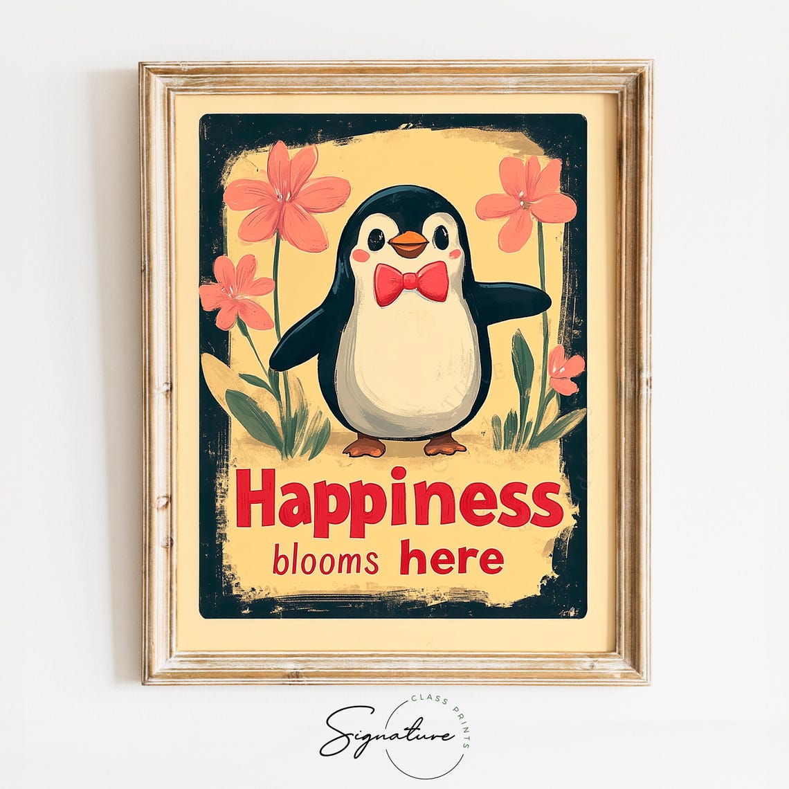 Sweet Happiness Blooms Here Penguin Retro Floral Animal Poster