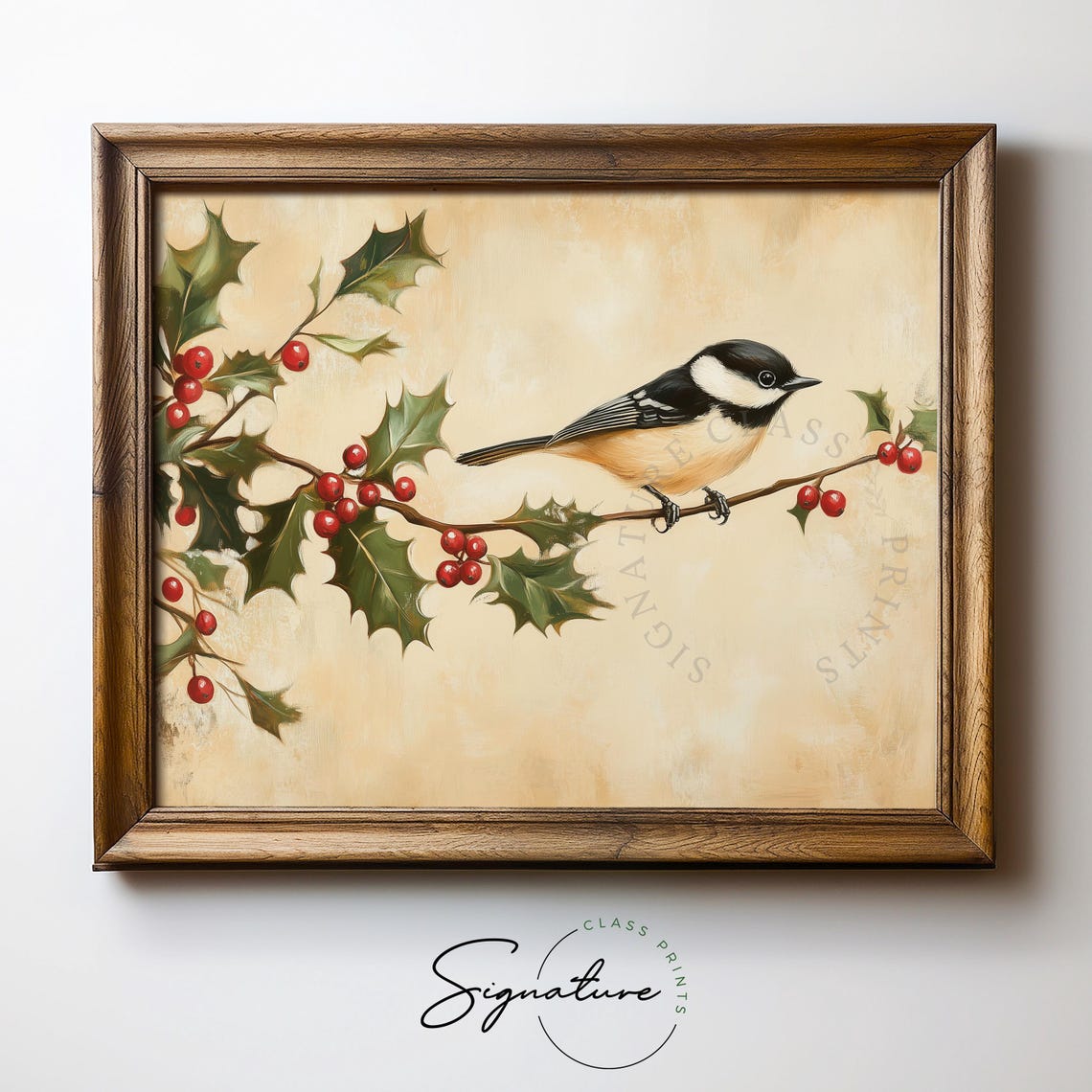 Black Capped Chickadee With Holly Berries Christmas Bird Print - Image 5