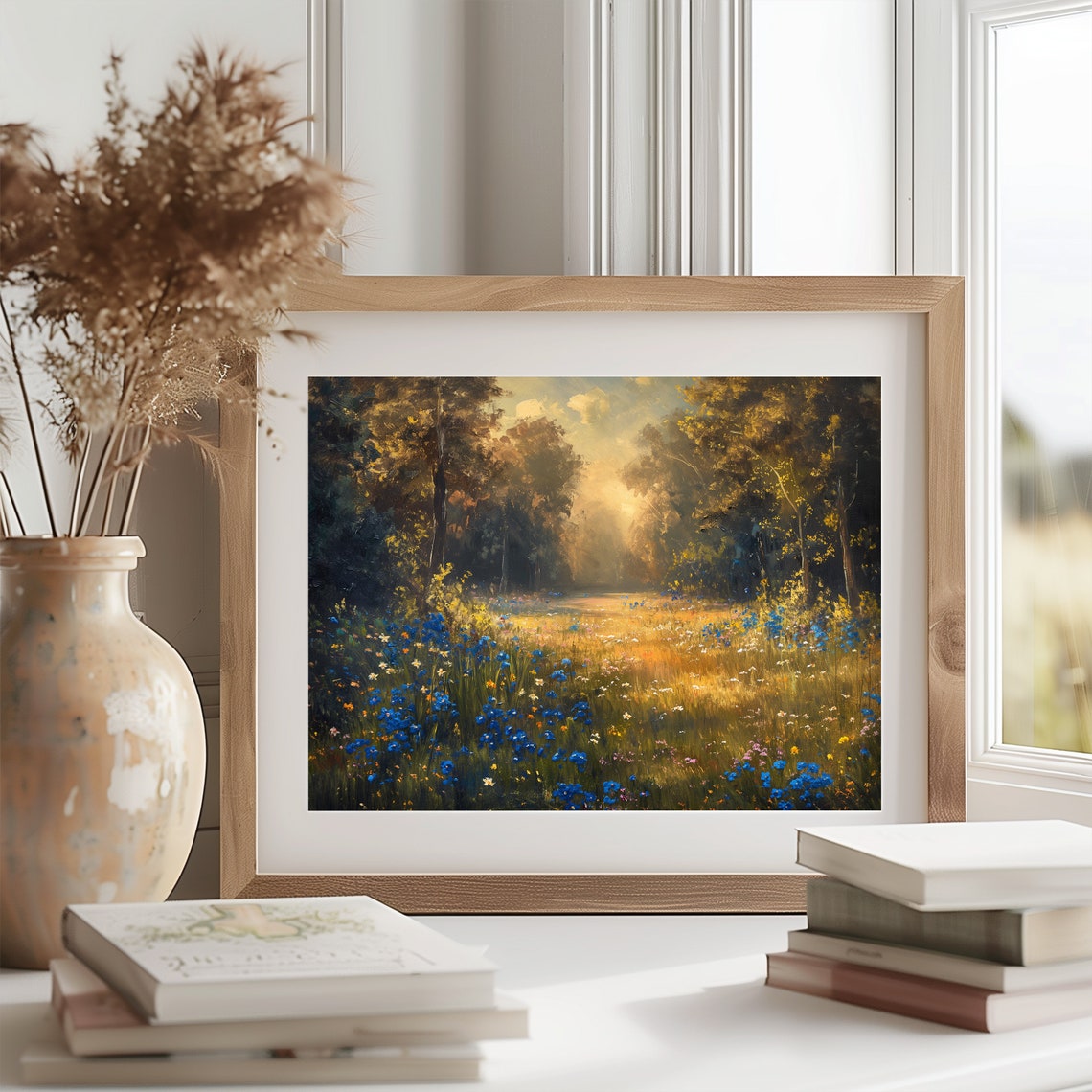 Morning Light On Blue Wildflowers In Golden Forest Clearing Poster - Image 2