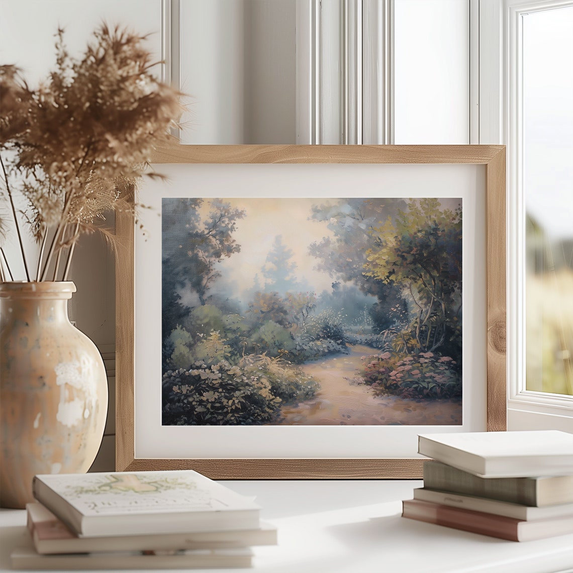 Misty Garden Path Through Blooming Shrubs Soft Impressionist Poster - Image 2