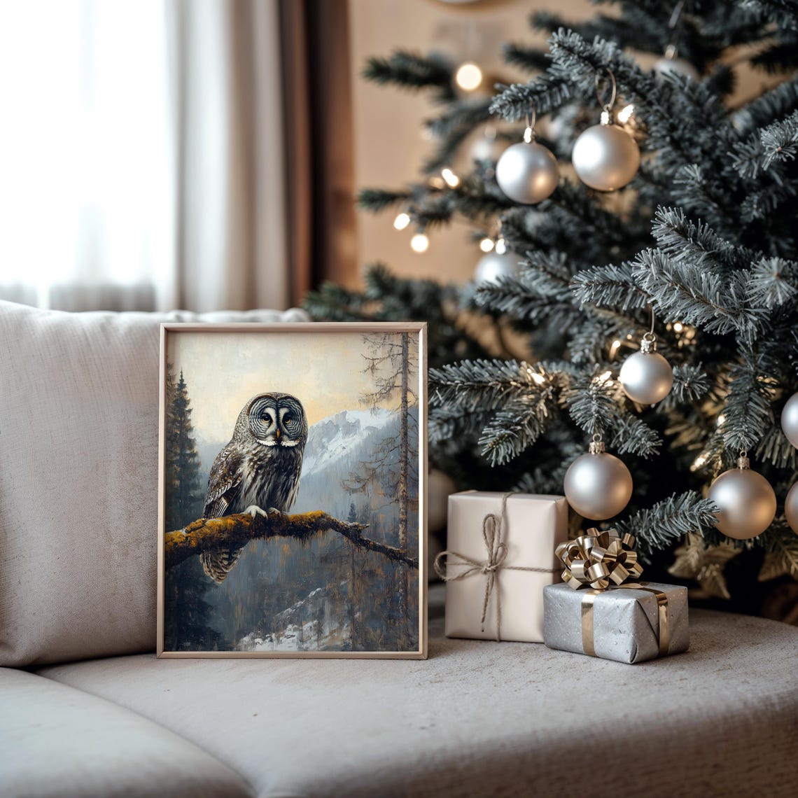 Majestic Great Grey Owl Snowy Mountain Branch Wildlife Art Poster - Image 5