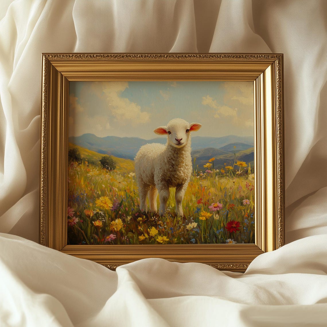 White Lamb Standing in Wildflower Field Mountain View Spring Poster - Image 5