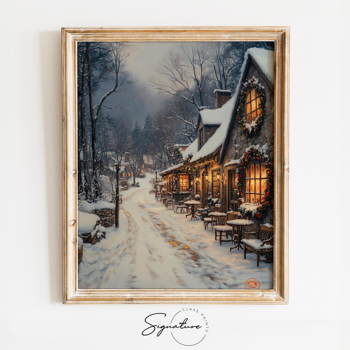 Snowy Cafe Street at Night with Glowing Wreaths Winter Poster