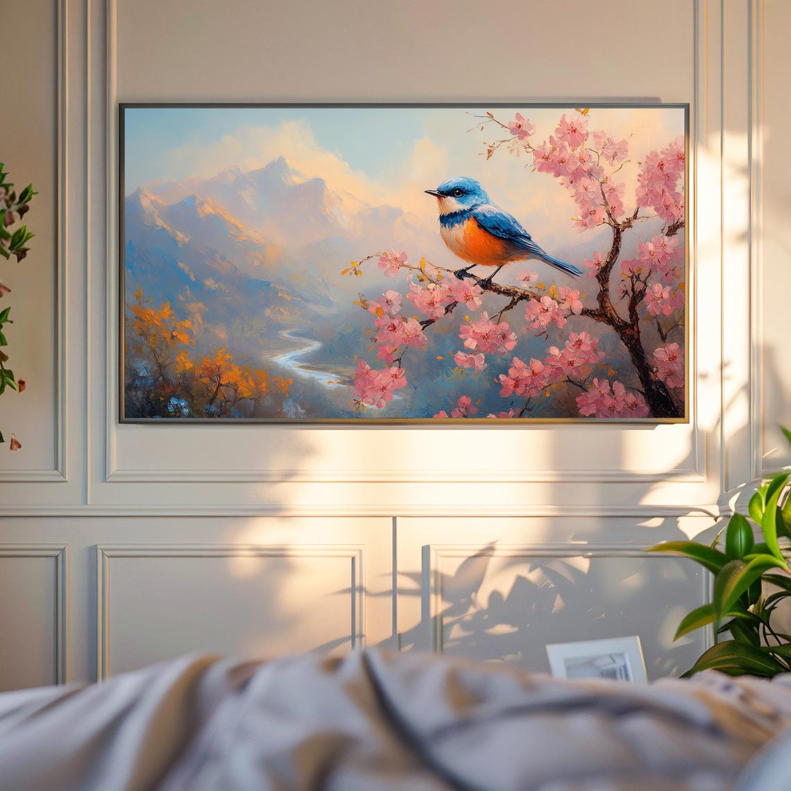 Bluebird On Cherry Blossom Branch Over Mountain Valley Poster - Image 4