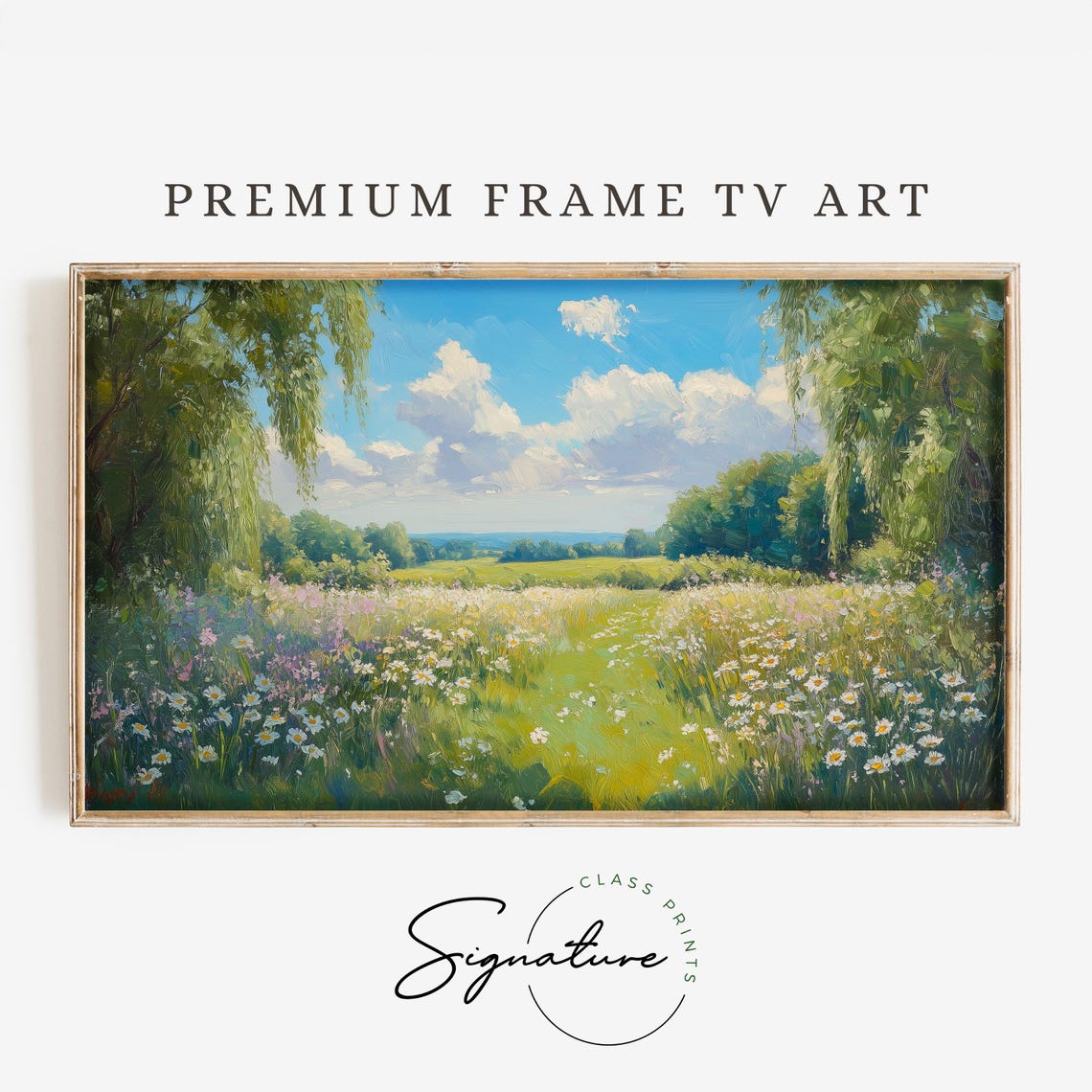 Daisy Meadow Framed By Willow Trees Under Blue Sky Frame TV Wall Art