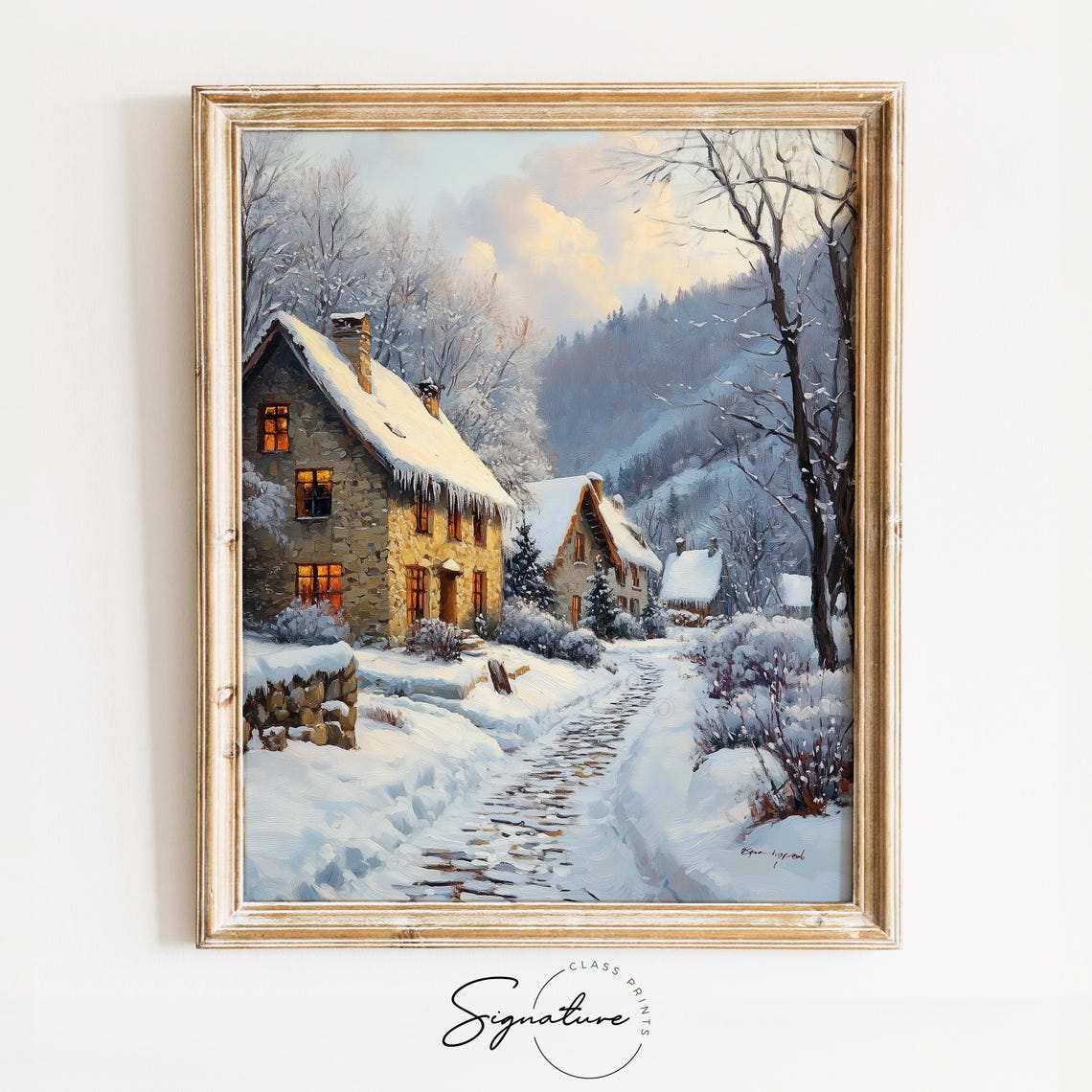 Glowing Stone Cottages on Snowy Village Path Winter Scene Poster