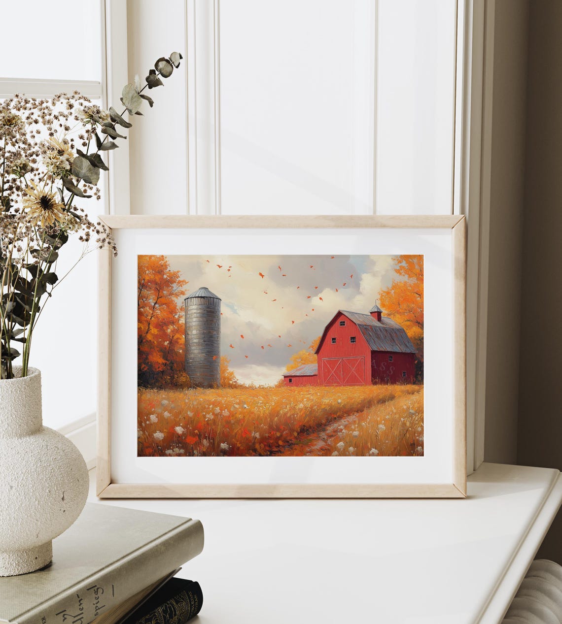Red Barn and Silo in Golden Field with Falling Autumn Leaves Poster - Image 6