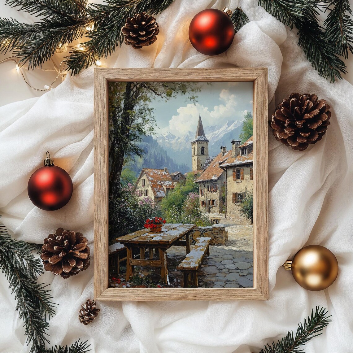 Sunny Alpine Village Church Spire Stone Cottages Summer Poster - Image 4