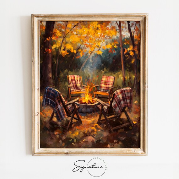 Campfire Circle with Four Plaid Chairs Under Golden Autumn Trees Poster