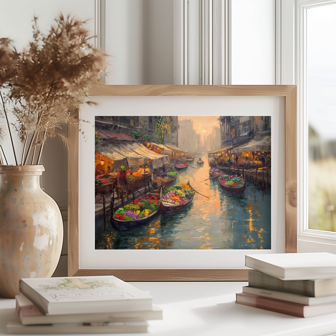 Flower Boats on a Canal at Golden Hour Impressionist Cityscape Poster - Image 2