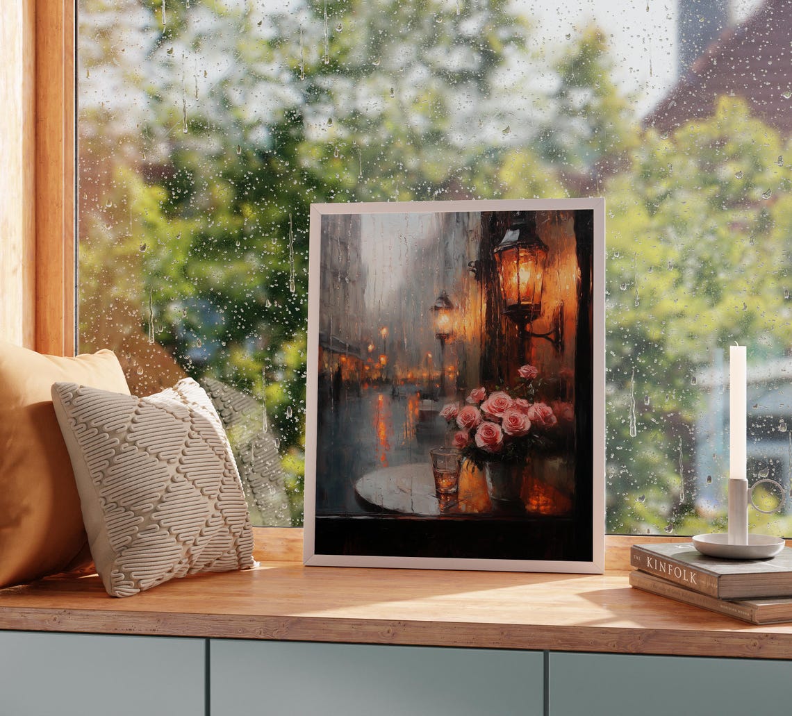 Moody Coffee Shop Window Roses Reflection Rainy Evening Painting Print - Image 3