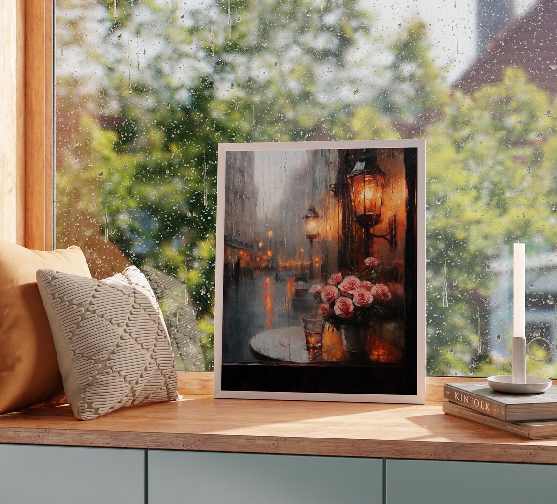 Moody Coffee Shop Window With Roses Reflection Romantic Valentines Day Wall Art Rustic Rainy Scene Painting 3566 - Image 3
