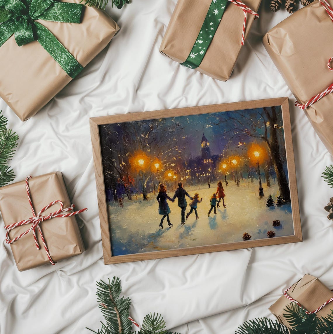 Night Ice Skating Under Glowing Lamps With Church Steeple Art Poster - Image 2