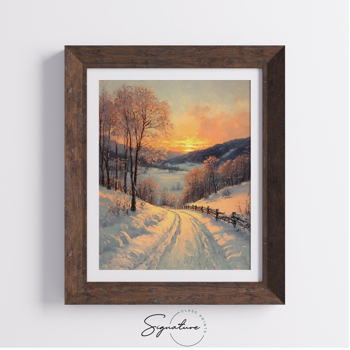 Golden Winter Sunset Over a Snowy Country Road Winter Scene Poster - Image 3
