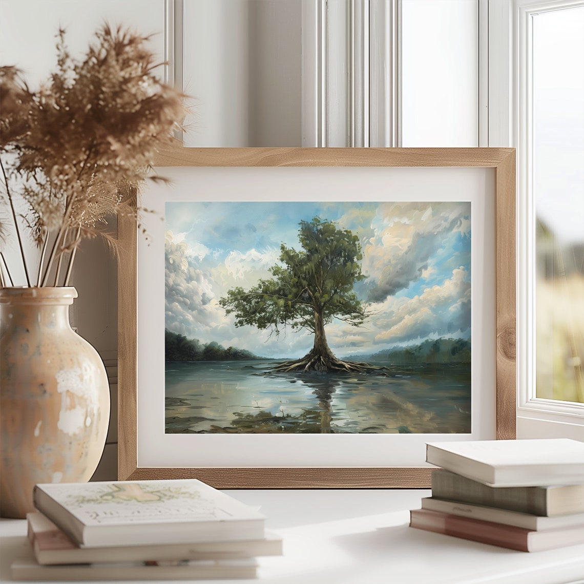 Solitary Sycamore Tree River Reflection Dramatic Clouds Poster - Image 2