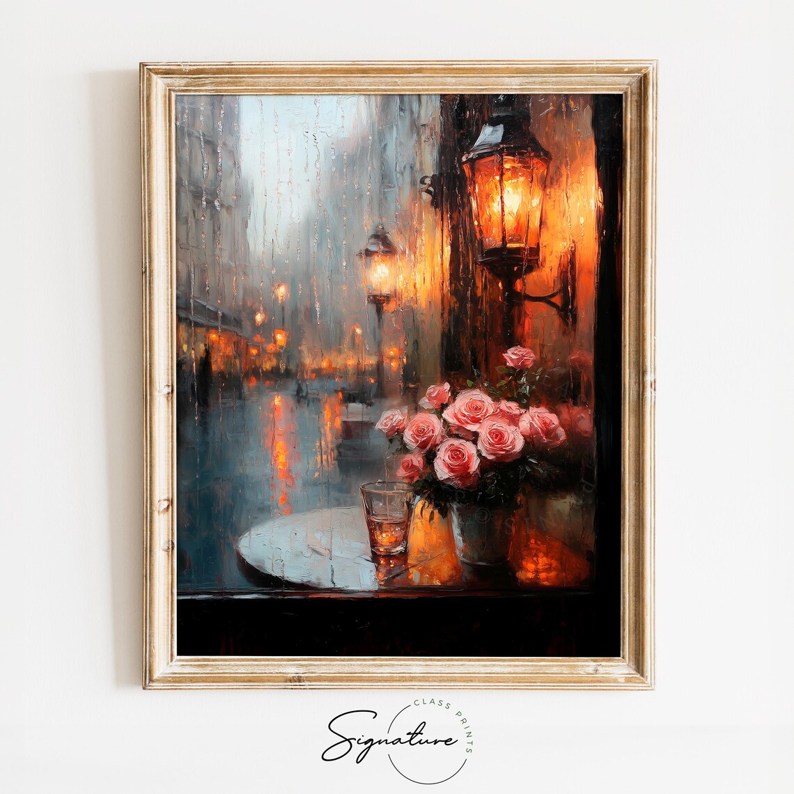 Moody Coffee Shop Window With Roses Reflection Romantic Valentines Day Wall Art Rustic Rainy Scene Painting 3566