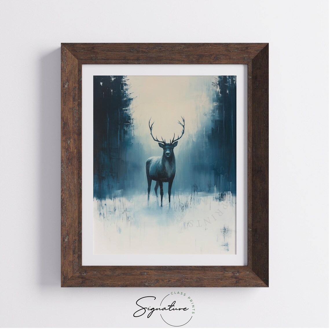 Majestic Stag in Misty Blue Forest Winter Wildlife Oil Painting Print - Image 3
