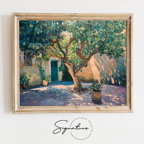 Mediterranean Fig Tree Painting Sunlit Courtyard Art Rustic Wall Decor Artistic And Warm Living Room Wall Art Piece 979