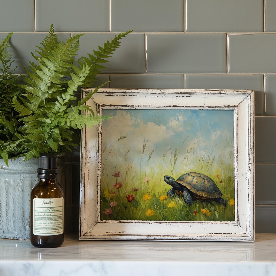 Turtle Crossing Wildflower Meadow Sunny Day Wildlife Painting Poster - Image 4