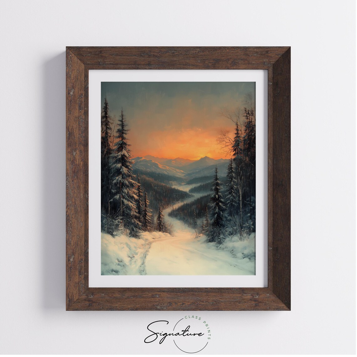 Snowy Mountain Forest Sunset Winter Landscape Oil Painting Print - Image 2