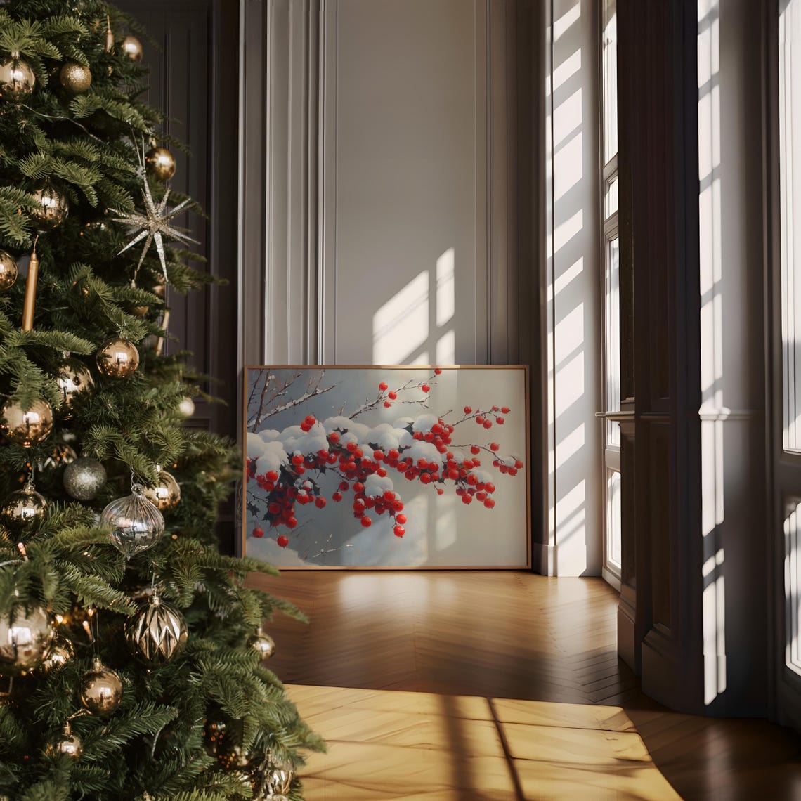 Snow Covered Fresh Red Berries Branch Winter Oil Painting Poster - Image 6