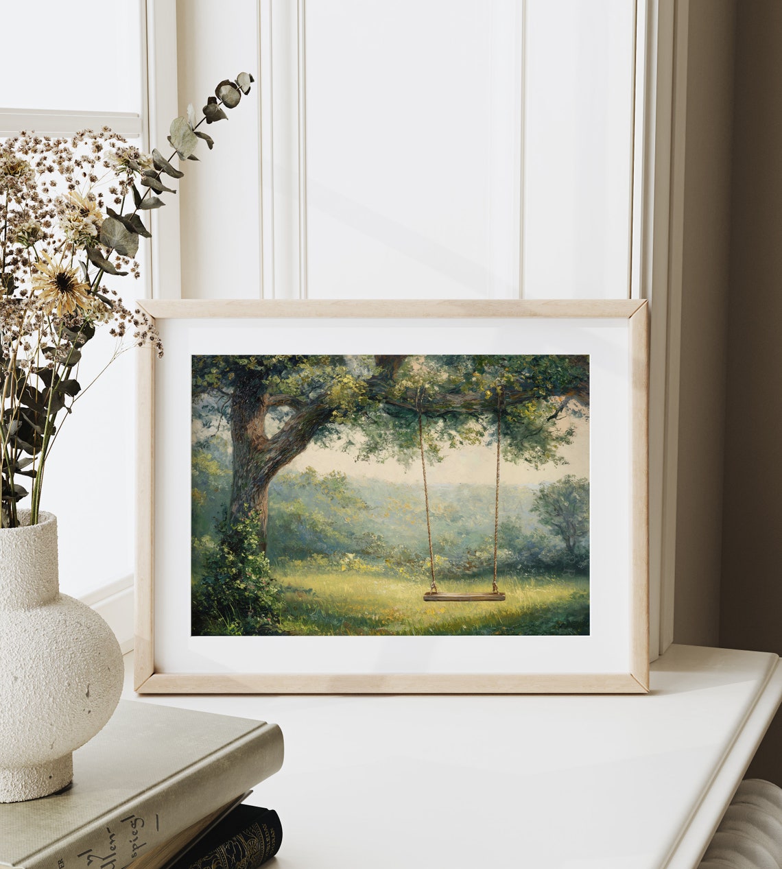 Wooden Swing Under Oak Tree Canopy Misty Green Meadow Vintage Poster - Image 6