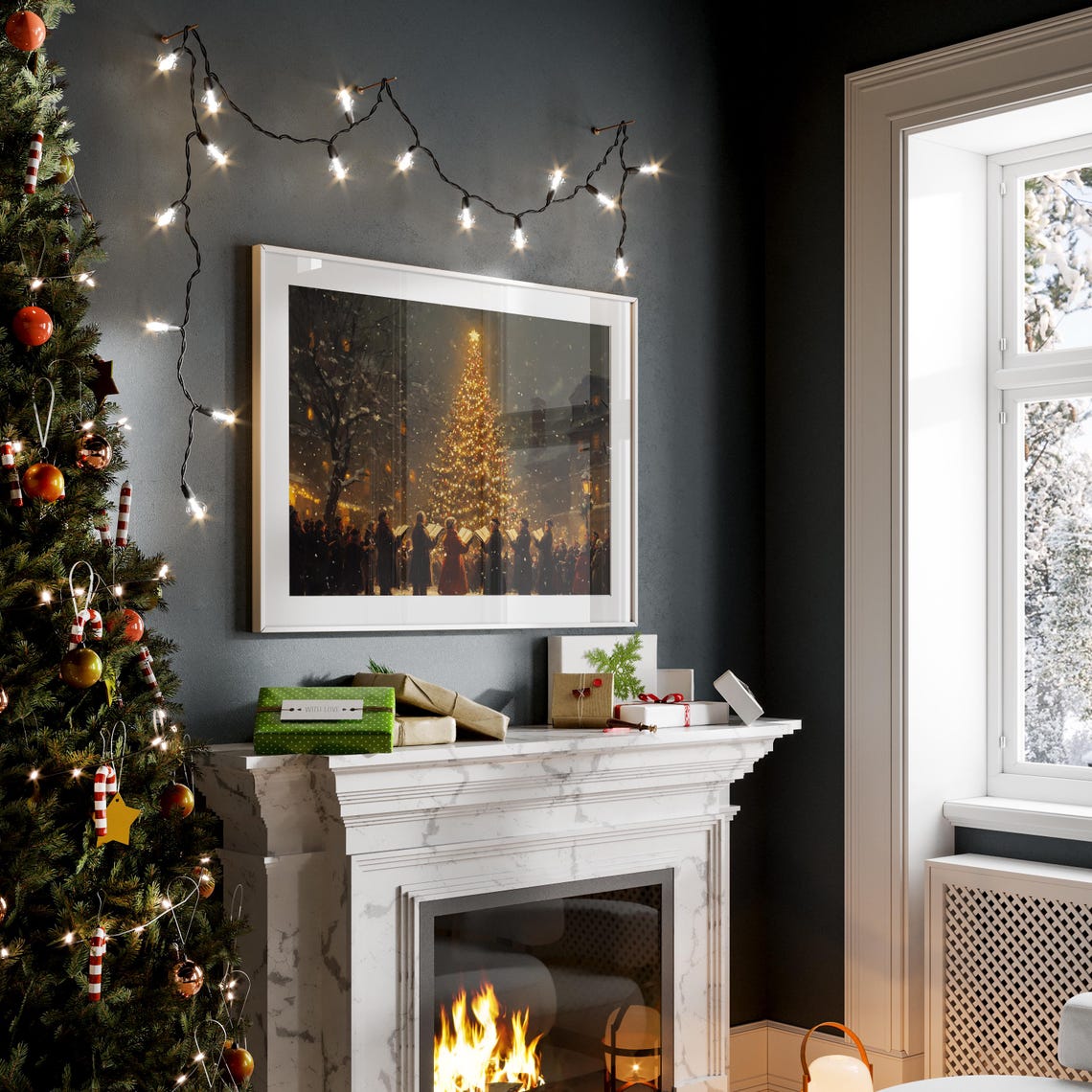 Christmas Carolers Singing Before A Giant Lit Tree At Night Poster - Image 3