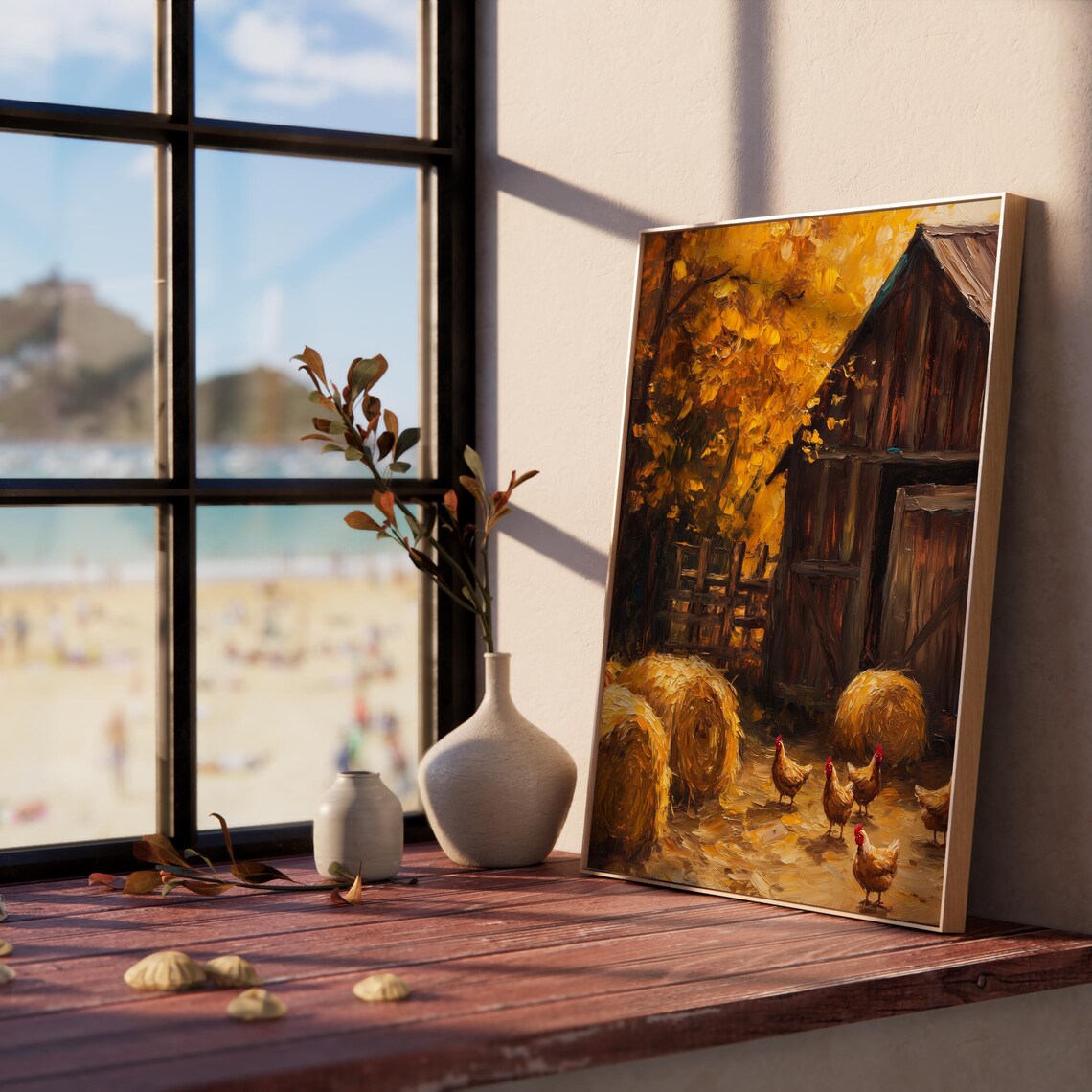 Autumn Farmyard With Chickens Barn And Hay Bales Rustic Poster - Image 5