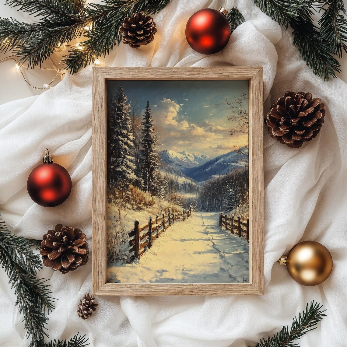 Snowy Fenced Lane with Mountain View Winter Landscape Oil Painting Print - Image 4