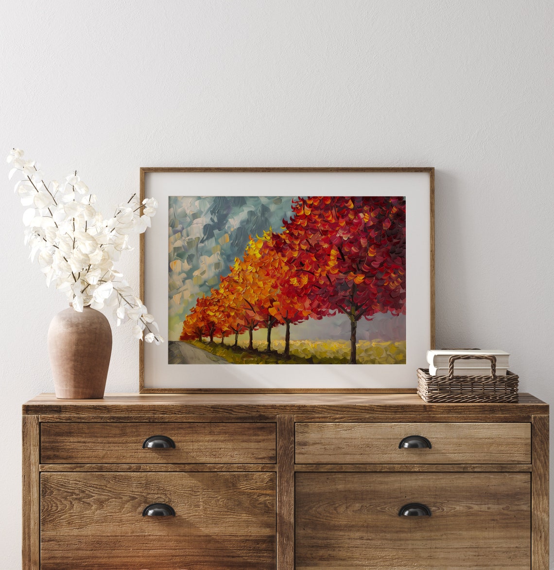Blazing Autumn Maple Row Along Rural Road Impasto Fall Poster - Image 3
