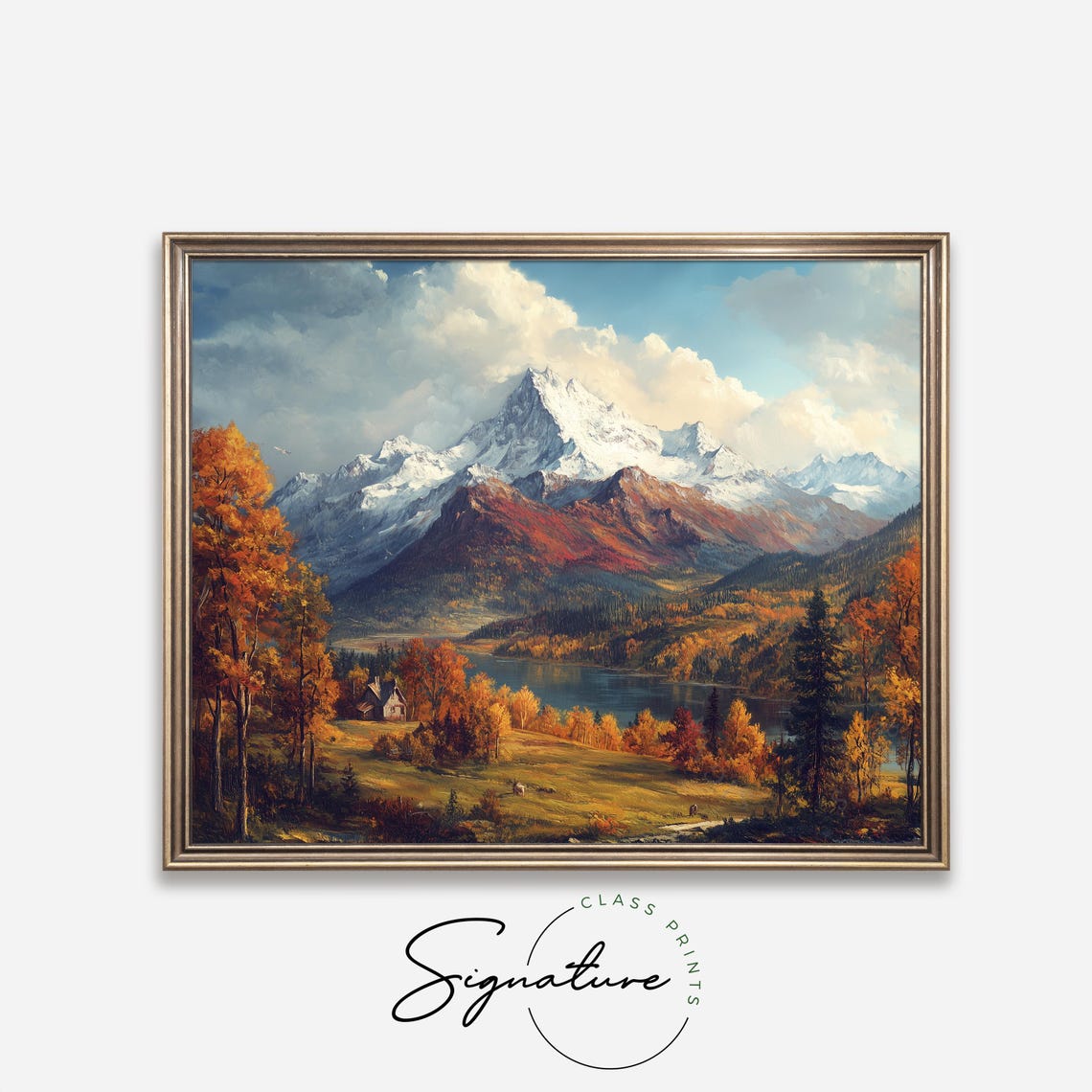 Alpine Autumn Glory Snowy Peaks Golden Lake Cabin Fall Poster - Image 4