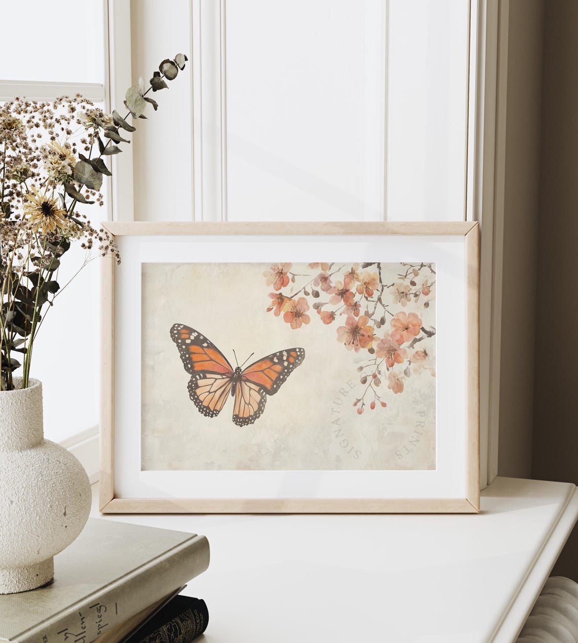 Monarch Butterfly Over Soft Blush Blossoms Vintage Spring Wall Art - Image 6