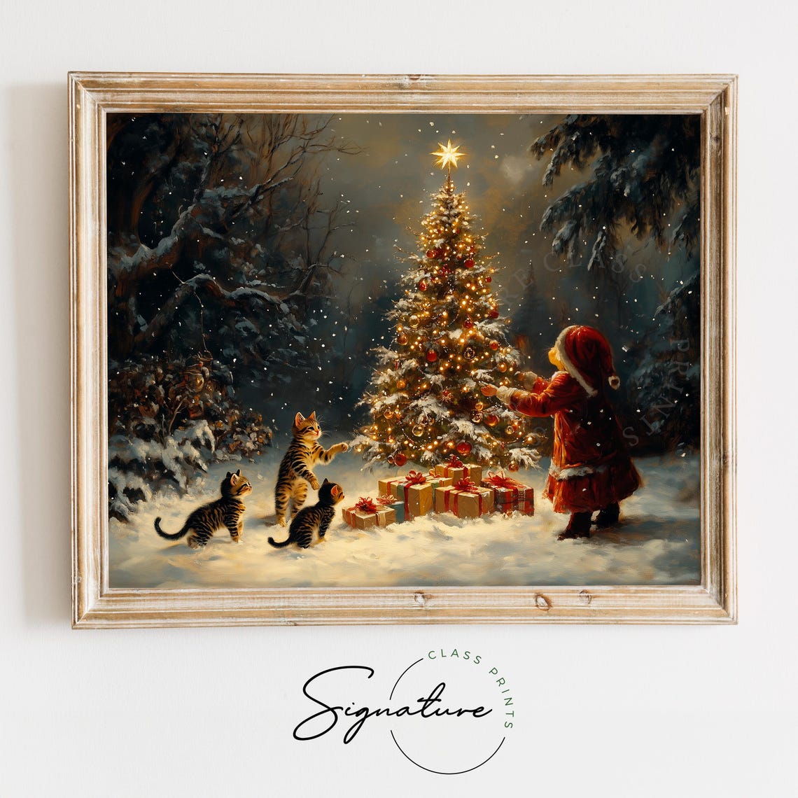 Child Decorating Outdoor Christmas Tree with Three Kittens Poster