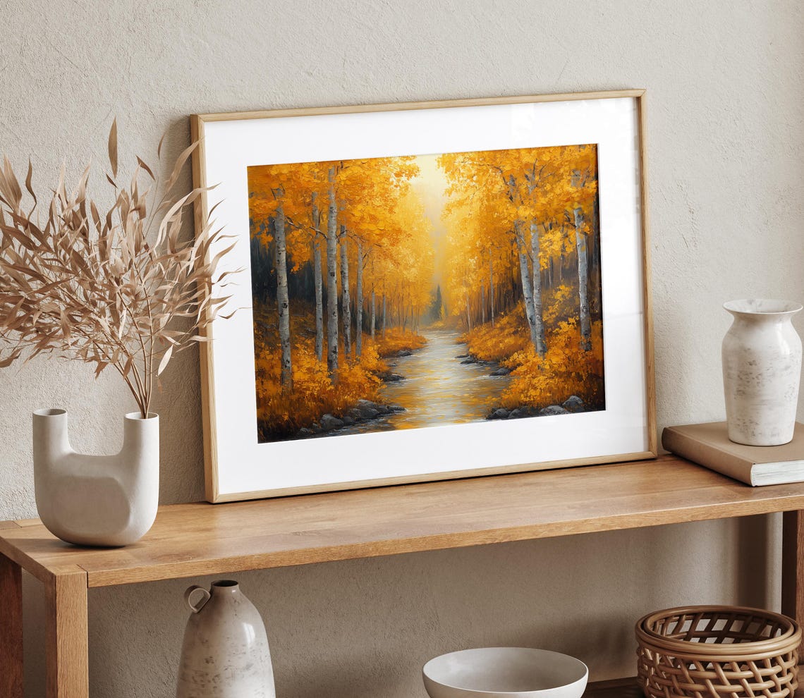 Autumn River Golden Birch Trees Glowing Fall Forest Landscape Wall Art - Image 4