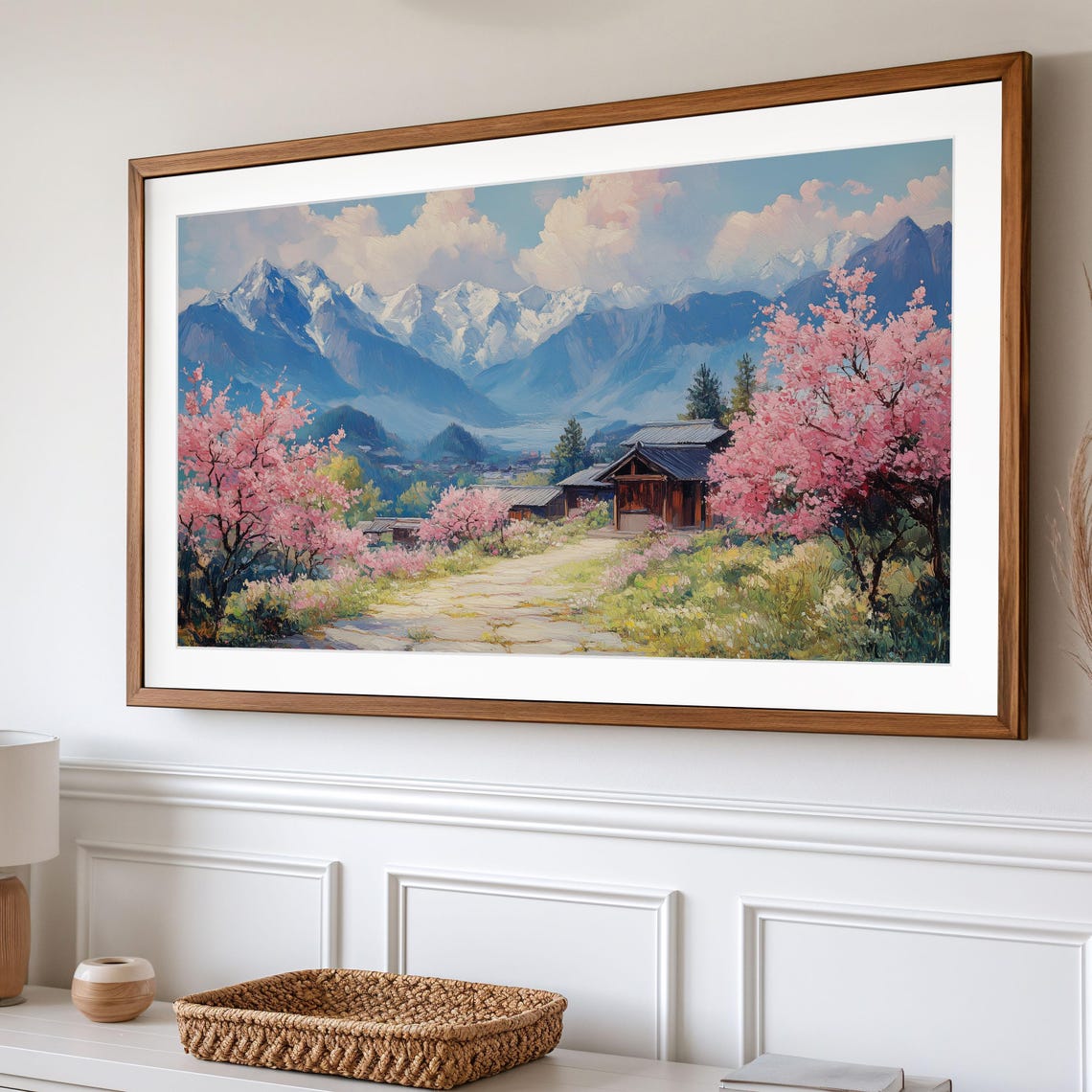 Cherry Blossom Village And Snowy Peaks Spring Frame TV Wall Art - Image 2