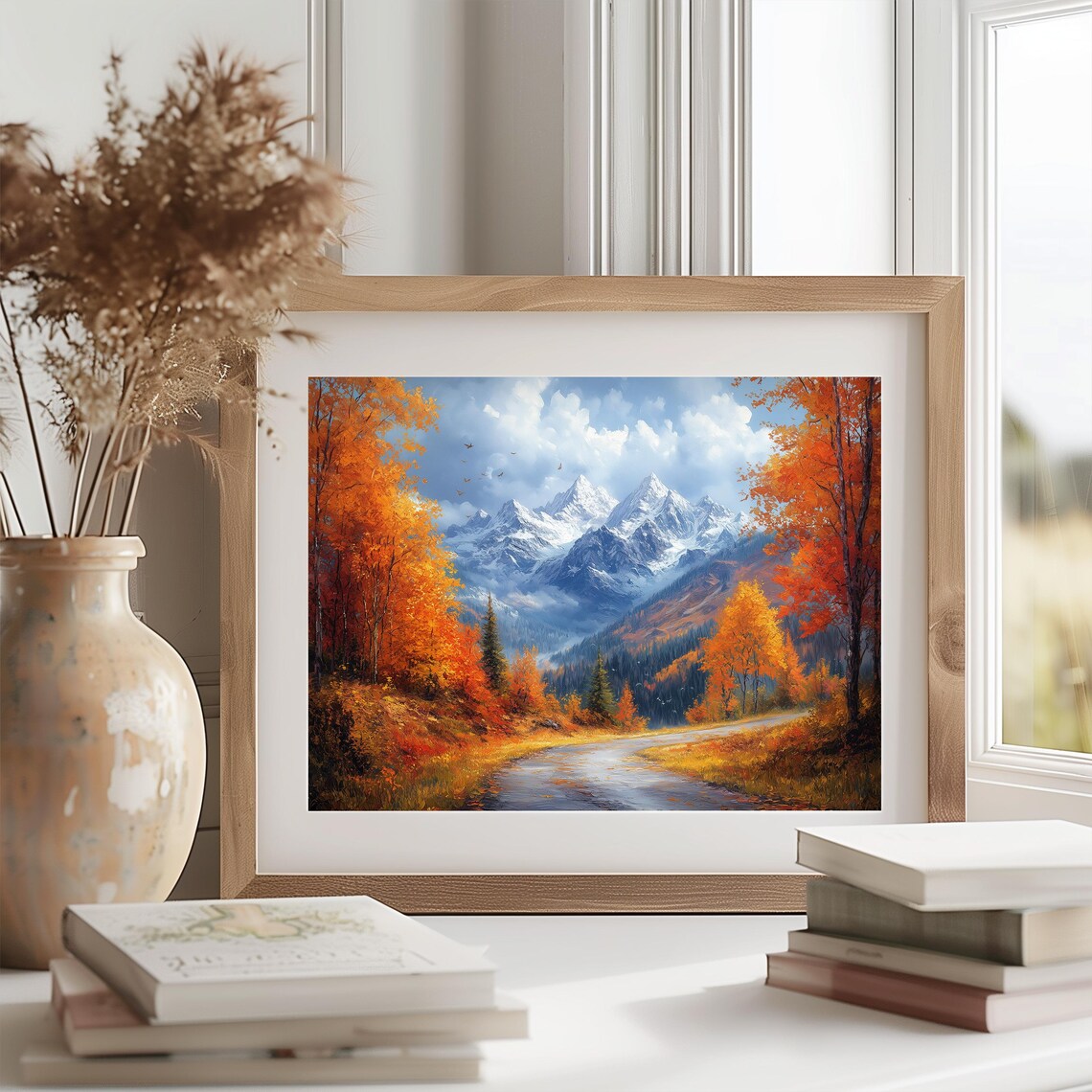 Autumn Road Snowy Mountain Peaks Flying Birds Oil Painting Poster - Image 2