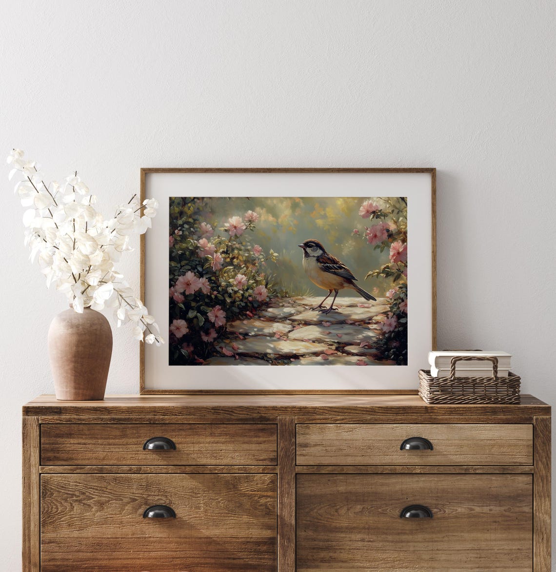 Sparrow On Stone Garden Path Among Pink Blooms Cottage Wall Art - Image 2