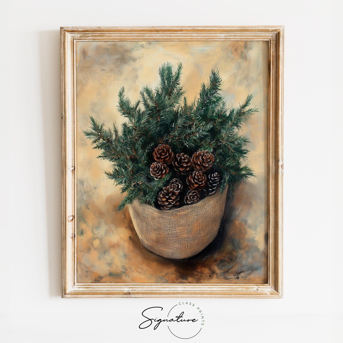Potted Evergreen Tree with Pinecones in Burlap Pot Christmas Poster