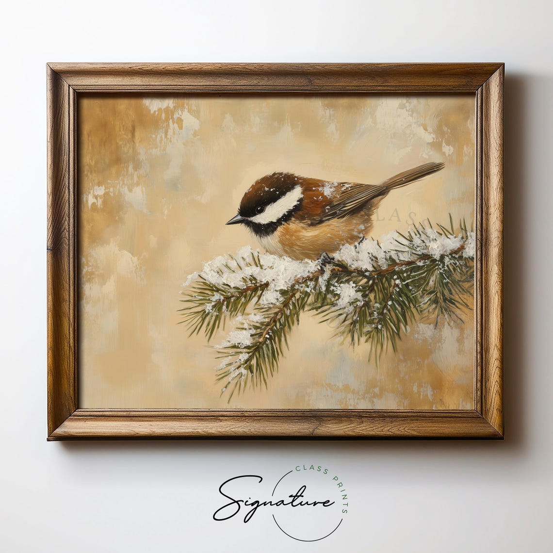 Chestnut Backed Chickadee on Snowy Pine Branch Bird Art Poster - Image 5