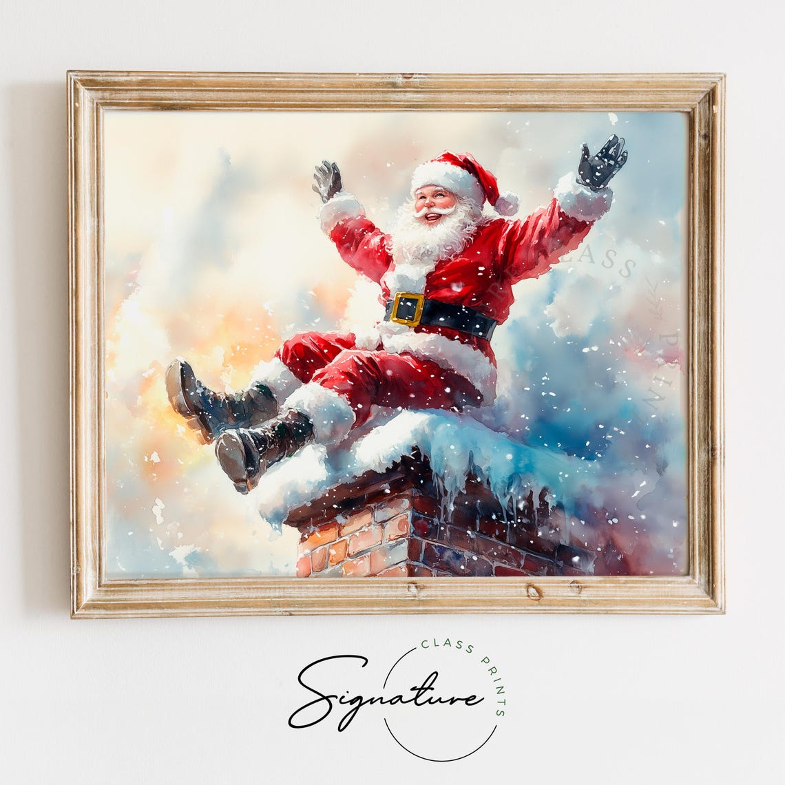 Santa Claus Sitting On A Snowy Chimney With Arms Raised Art Poster