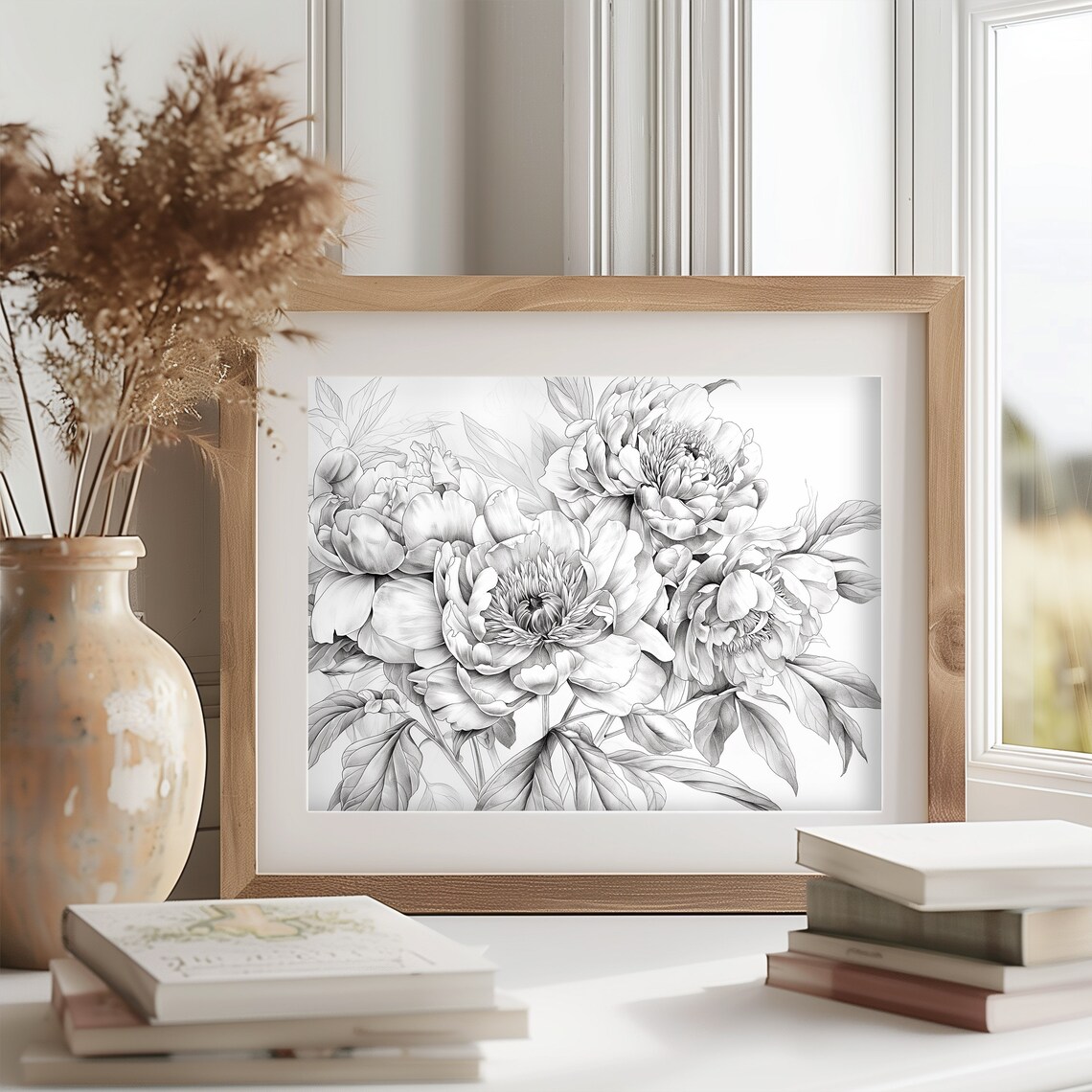 Peony Flowers Graphite Pencil Sketch Detailed Botanical Poster - Image 2