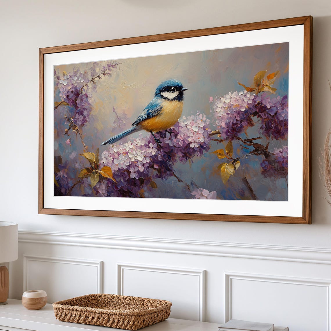 Spring Chickadee On Lilac Blossoms Pastel Bird Canvas Art Print - Image 2