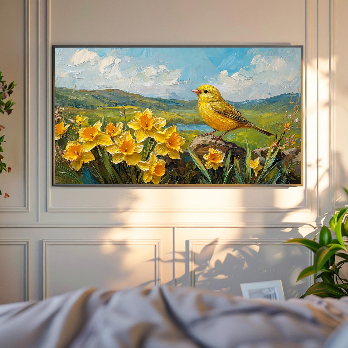 Yellow Finch Among Bright Daffodils Rolling Green Hills Poster - Image 4