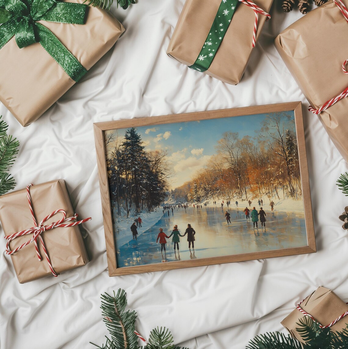 Families Ice Skating On Frozen River Sunny Winter Day Poster - Image 2