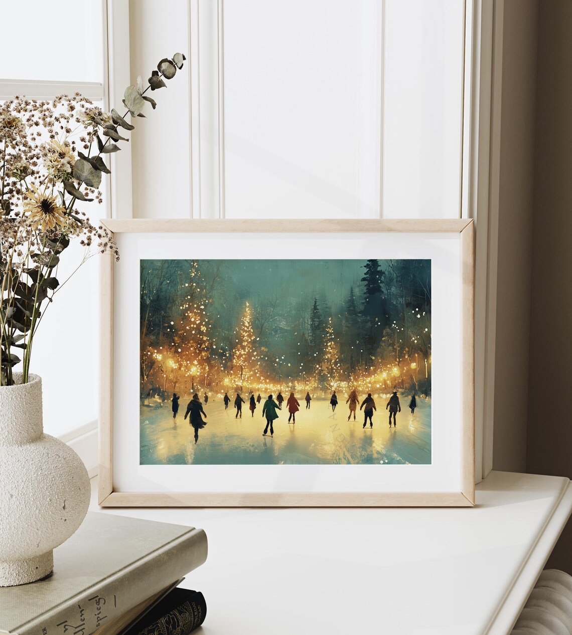 Night Ice Skaters Under Glowing Lights On Frozen Pond Poster - Image 6