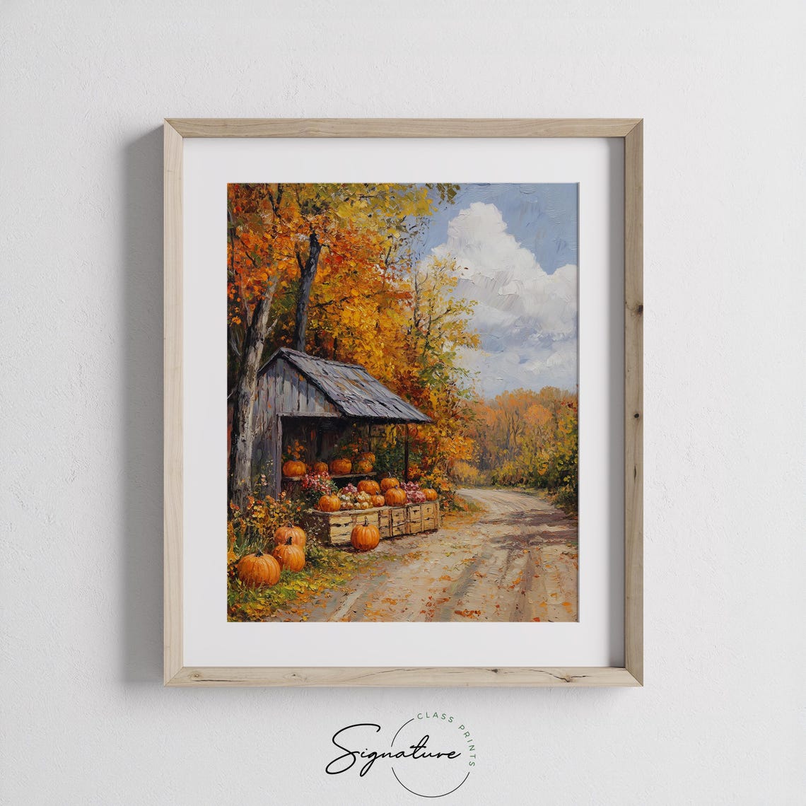 Charming Roadside Pumpkin Stand Under Autumn Maples Impasto Wall Art - Image 3